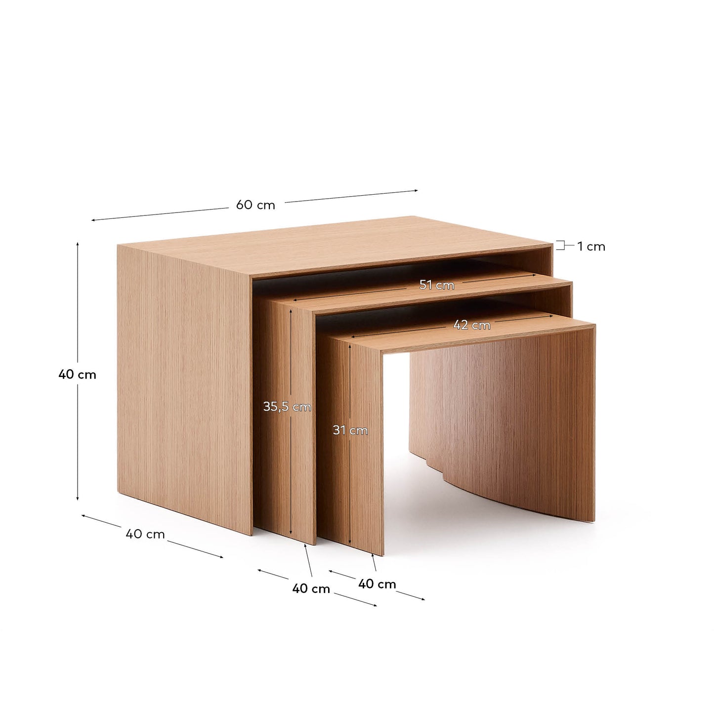 Set Litto con 3 tavolini a nido impiallacciatura in rovere 60 x 40 / 51 x 36 / 42 x 31 cm