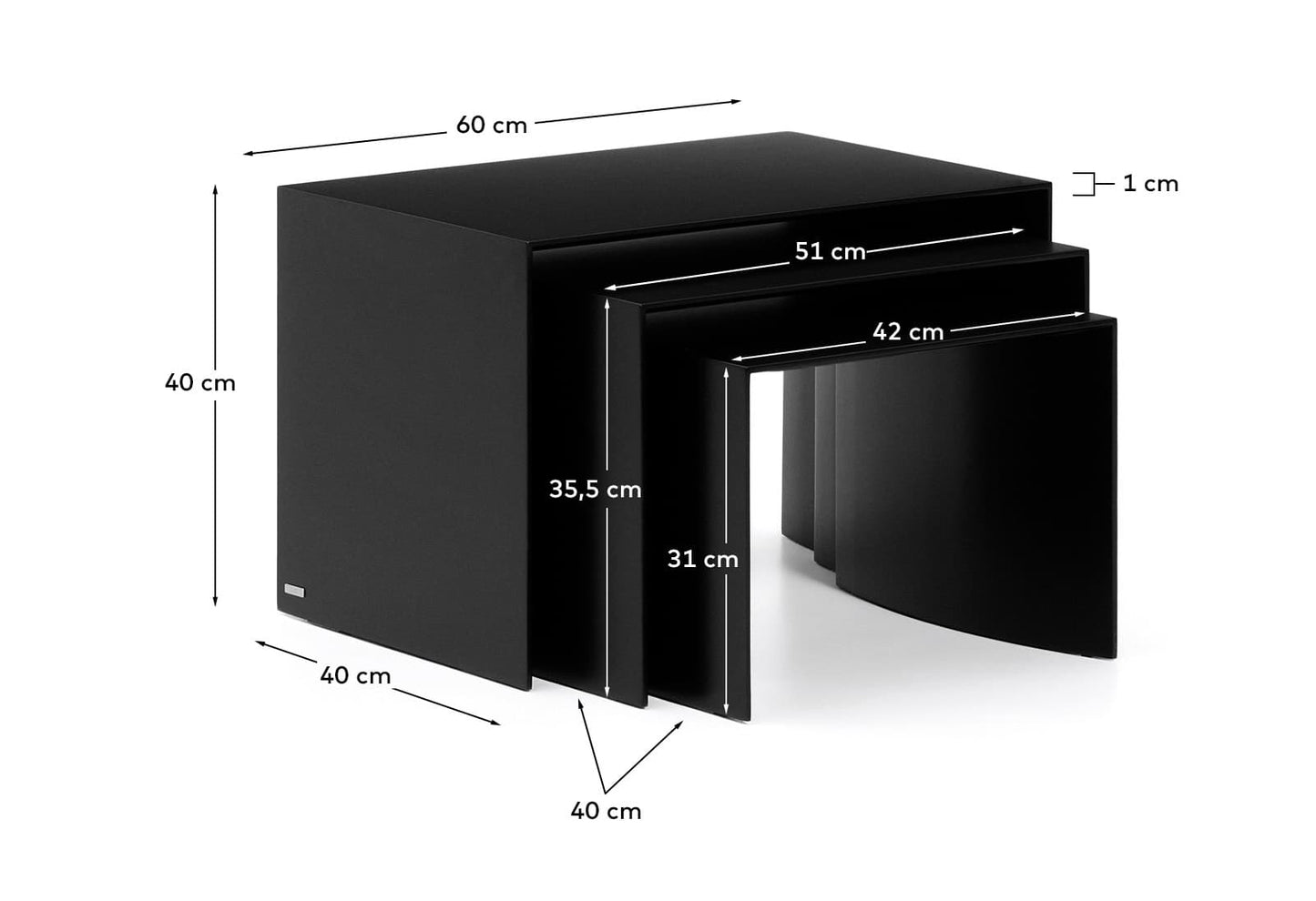 Set Litto con 3 tavolini a nido di MDF laccato nero 60 x 40 / 51 x 36 / 42 x 31 cm