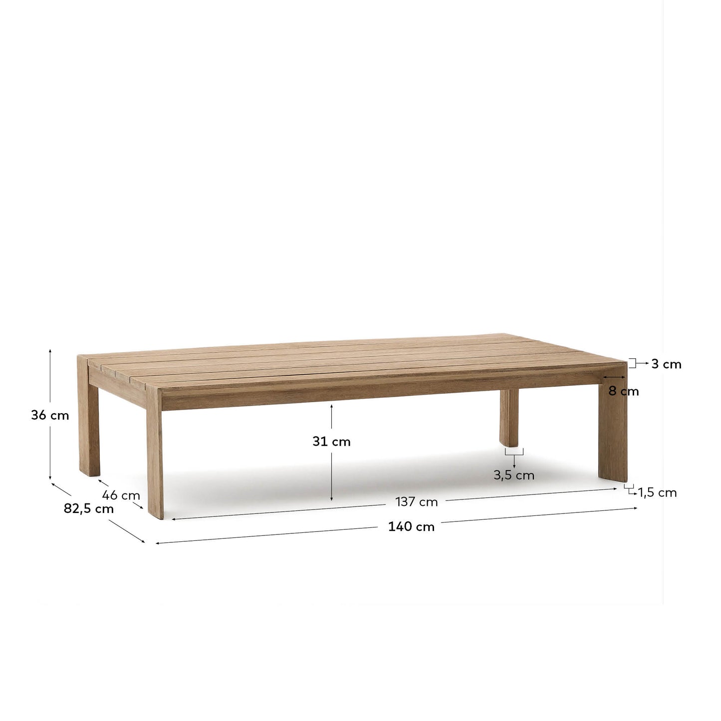 Tavolino da salotto Ambra in legno massiccio di acacia con finitura chiara 82,5 x 140 cm