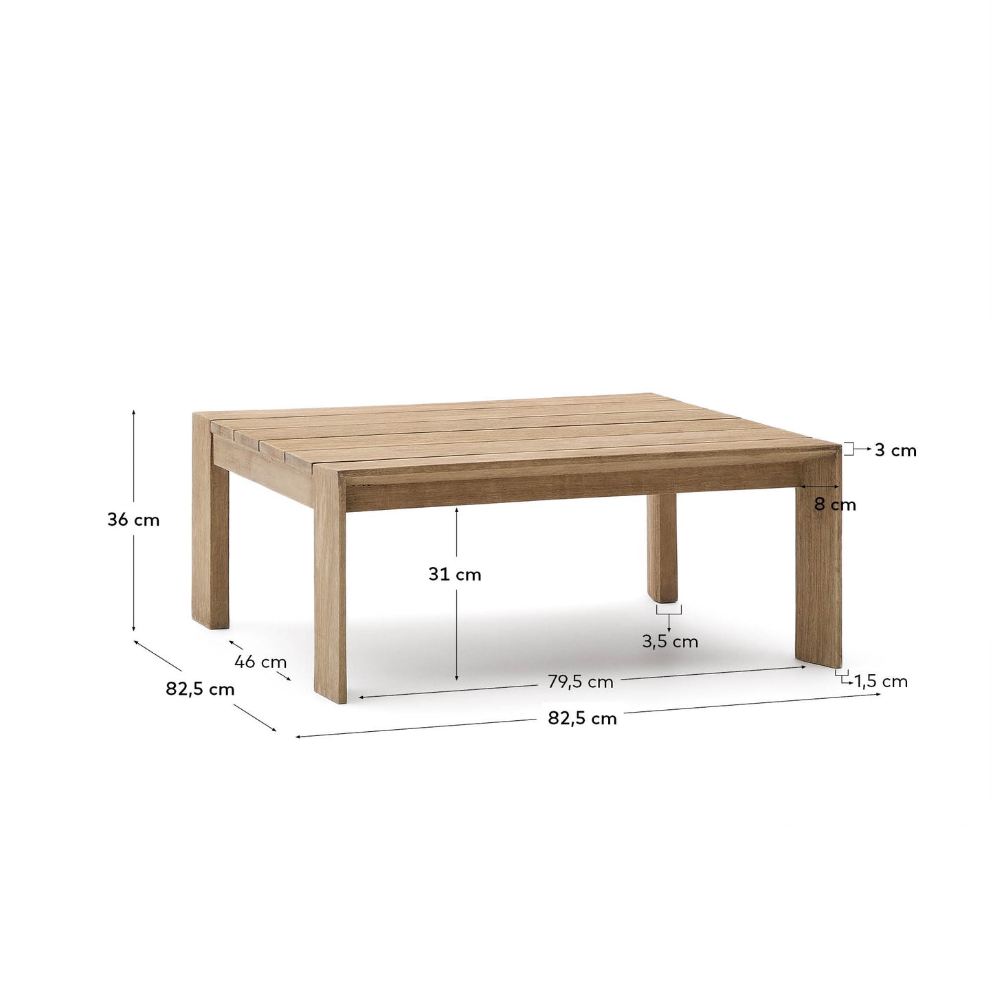 Tavolino da salotto Ambra in legno massiccio di acacia con finitura chiara 82,5 x 82,5 cm