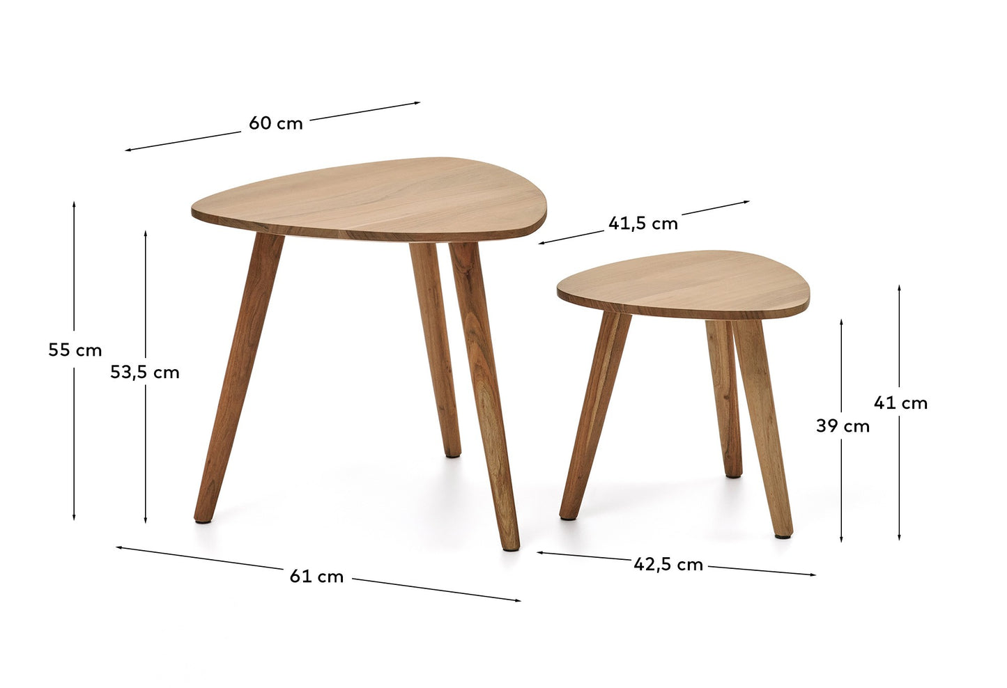 Set di 2 tavolini da appoggio Duvani in legno massiccio di acacia con finitura sbiancata.