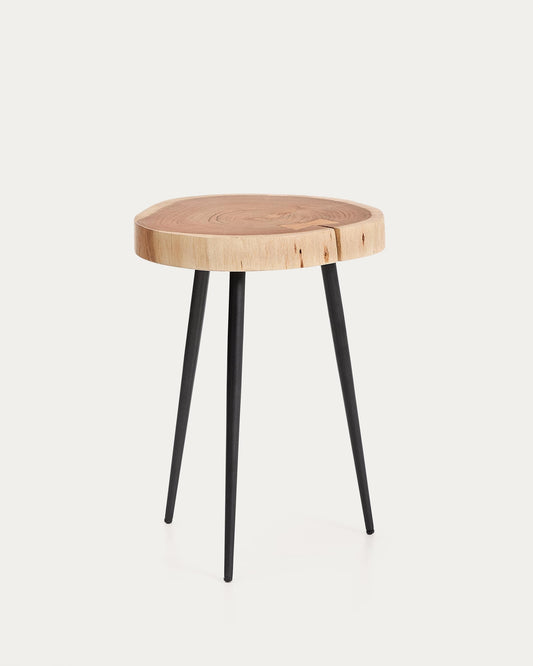 Tavolino da appoggio Tanive in legno massiccio di acacia con finitura sbiancata e gambe in acciaio nero Ø35 cm