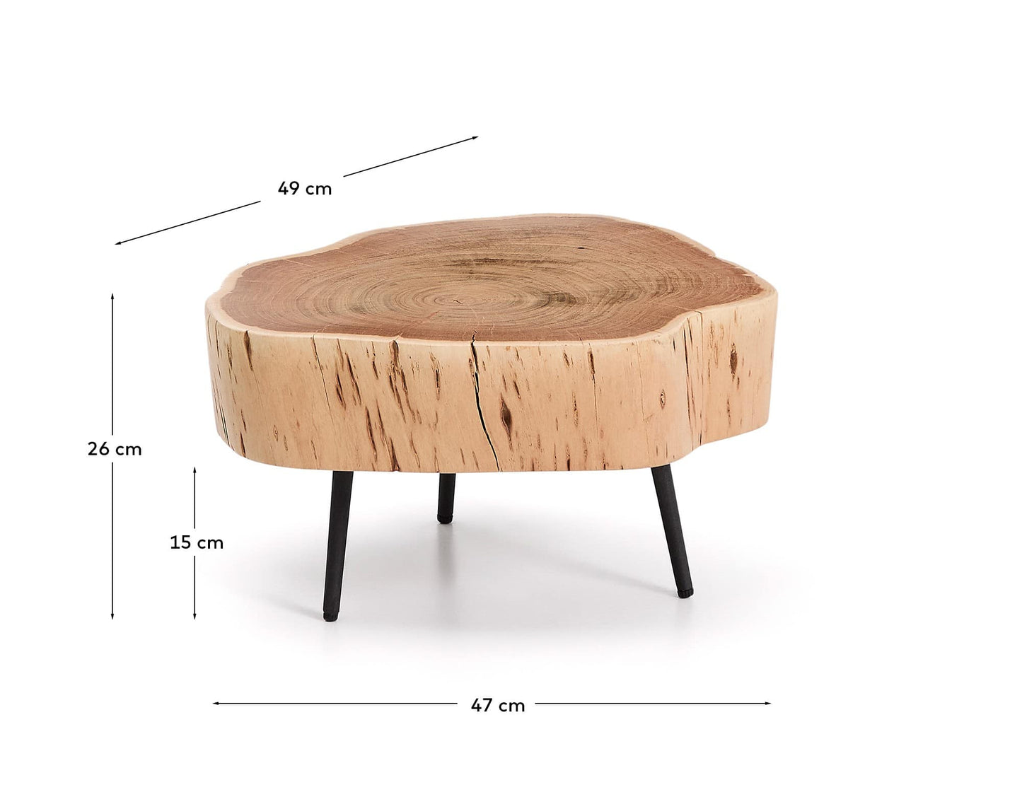 Tavolino da salotto Tavine in legno massiccio di acacia con finitura sbiancata e gambe in acciaio nero Ø49 cm