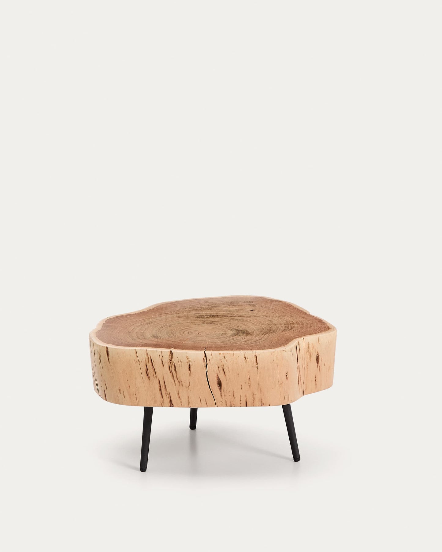 Tavolino da salotto Tavine in legno massiccio di acacia con finitura sbiancata e gambe in acciaio nero Ø49 cm