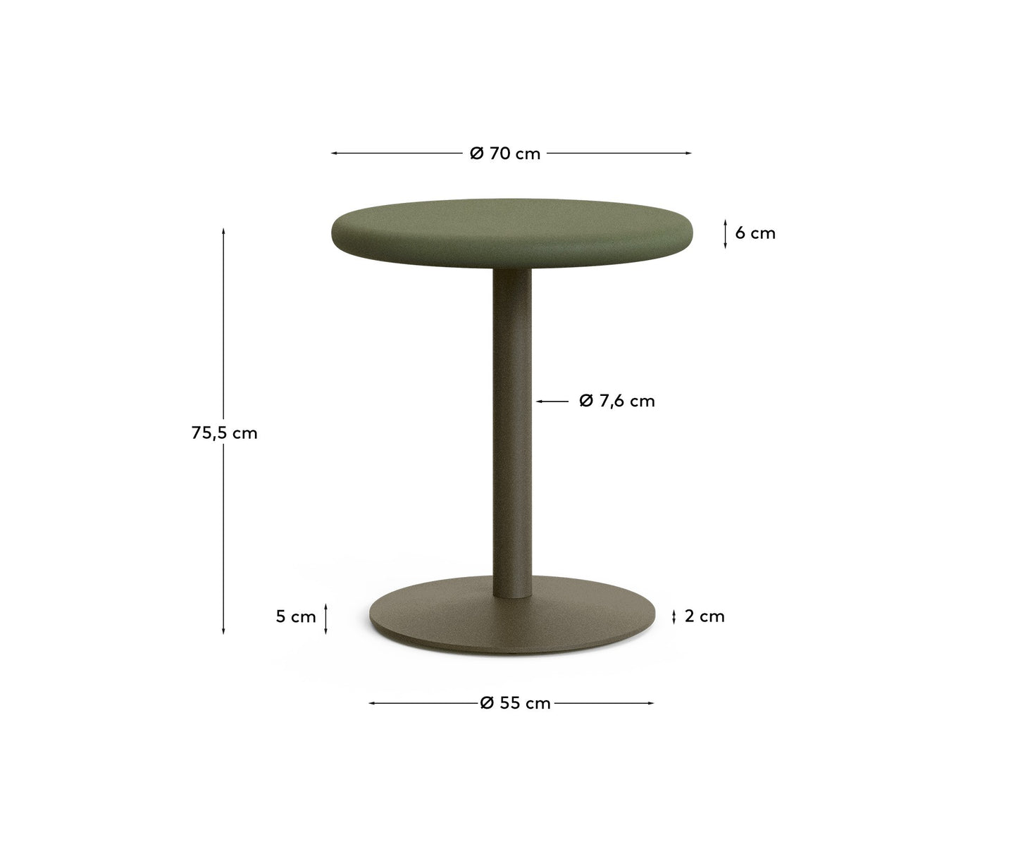 Tavolo rotondo Isilda alto con piano in cemento verde Ø 70 cm con base rifinitura in verde Ø 55 cm