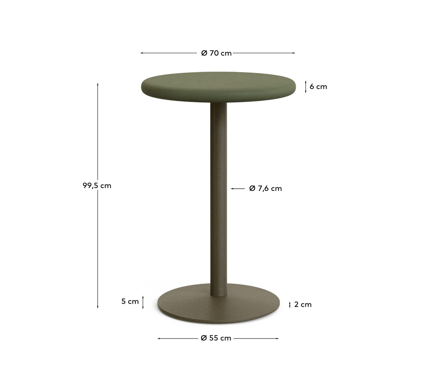 Tavolo rotondo Isilda alto con piano in cemento verde Ø 70 cm con base rifinitura in verde Ø 55 cm