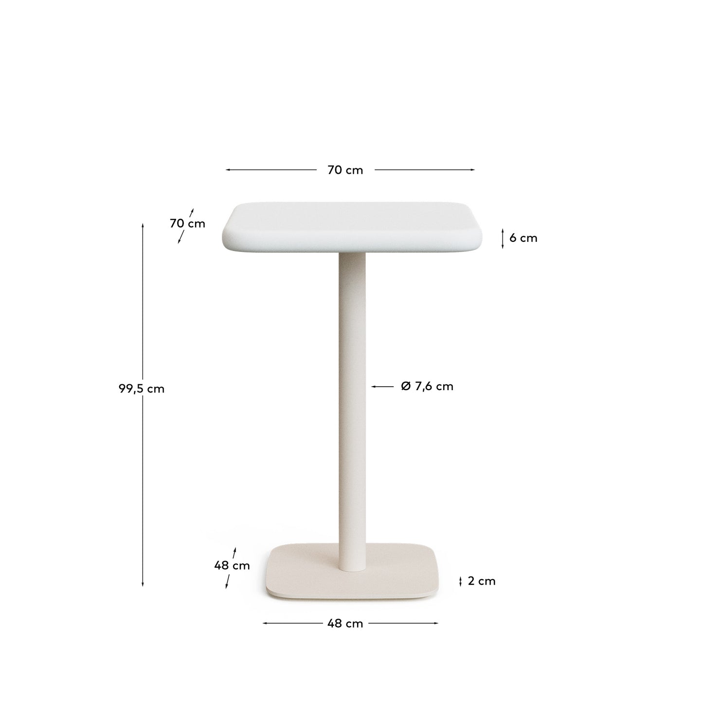 Tavolo alto da esterno Dina con piano in cemento bianco 70 x 70 cm e piede in acciaio bianco 48x48x96 cm