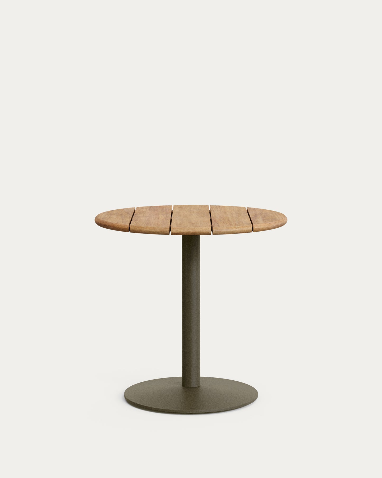 Tavolo rotondo da esterno Esilda con piano in acacia 100% FSC Ø 80 cm e base in acciaio verde Ø 55 x 72 cm