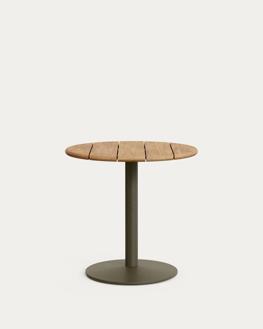 Tavolo rotondo da esterno Esilda con piano in acacia 100% FSC Ø 80 cm e base in acciaio verde Ø 55 x 72 cm