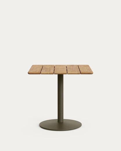 Tavolo da esterno Esilda con piano in acacia FSC 100% 80 x 80 cm e piede in acciaio verde Ø 55 x 72 cm