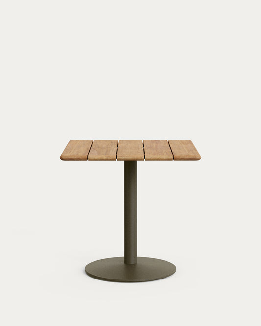 Tavolo da esterno Esilda con piano in acacia FSC 100% 80 x 80 cm e piede in acciaio verde Ø 55 x 72 cm