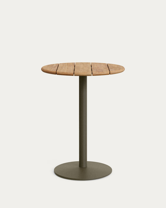 Tavolo alto rotondo da esterno Esilda con piano in acacia 100% FSC Ø 80 cm e base in acciaio verde Ø 55 x 96 cm