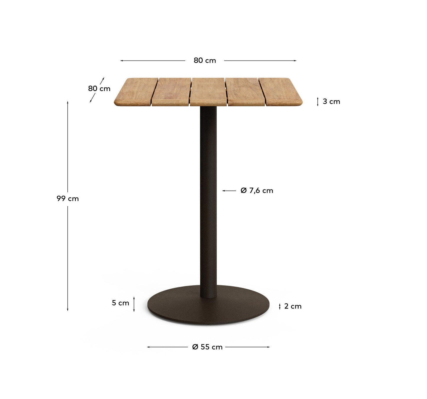 Tavolo alto da esterno Esilda con piano in acacia FSC 100% 80 x 80 cm e base in acciaio verde Ø 55 x 96 cm