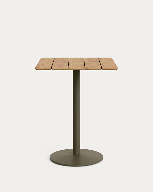 Tavolo alto da esterno Esilda con piano in acacia FSC 100% 80 x 80 cm e base in acciaio verde Ø 55 x 96 cm