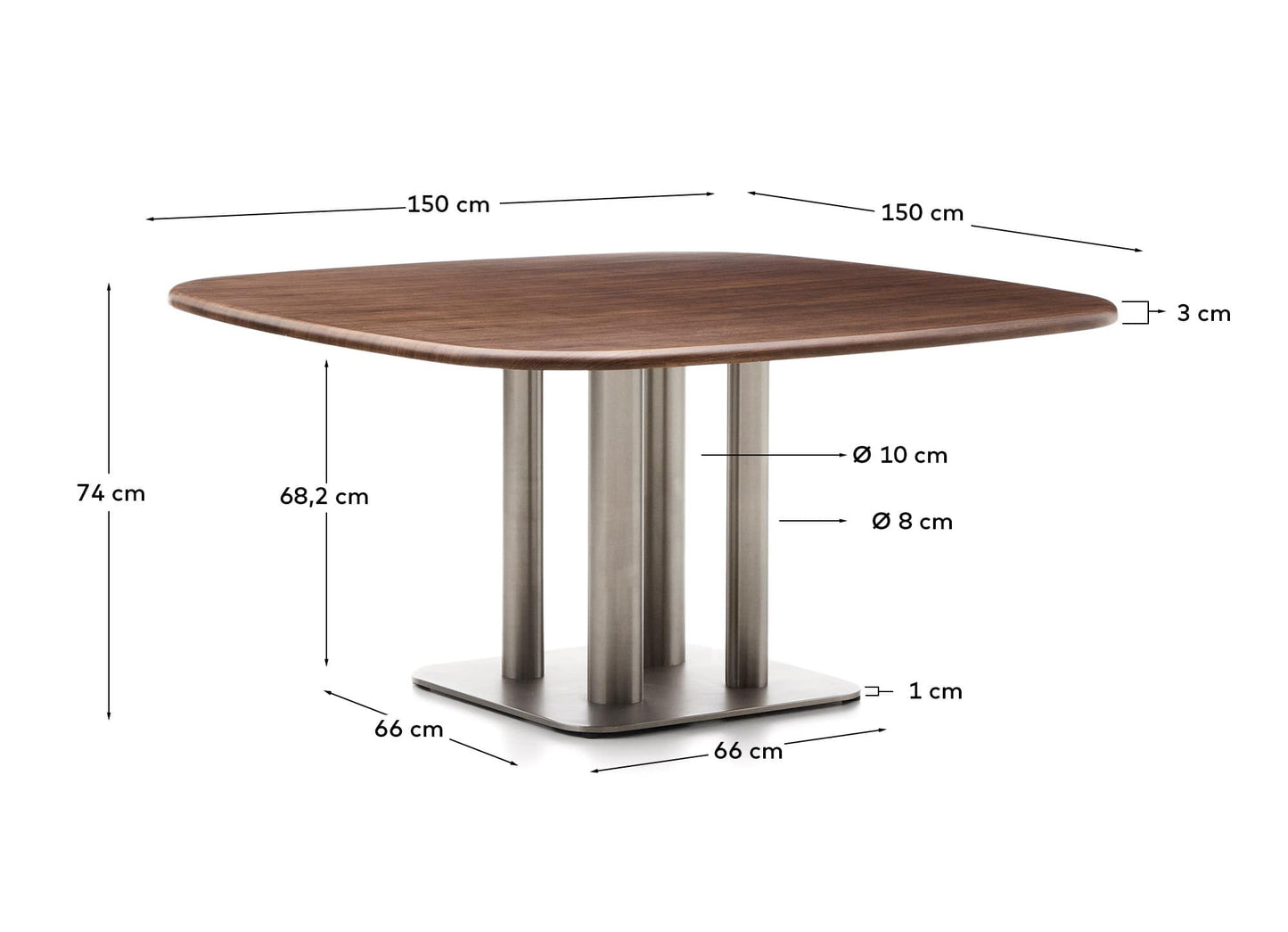 Tavolo Melvar in impiallacciato di noce e gambe con base in acciaio inox spazzolato 150 x 150 cm