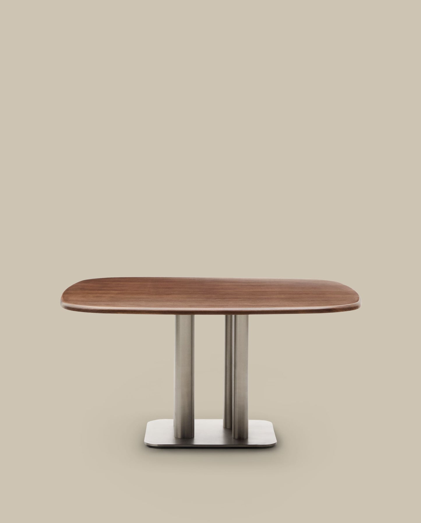 Tavolo Melvar in impiallacciato di noce e gambe con base in acciaio inox spazzolato 150 x 150 cm