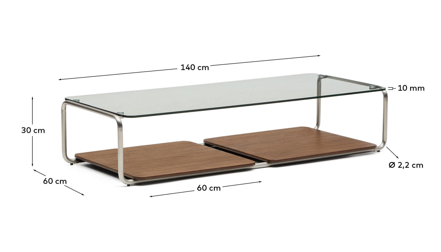 Tavolino Tarsel in vetro temperato e vassoio impiallacciato in noce con struttura in acciaio inox spazzolato 140 x 60 cm