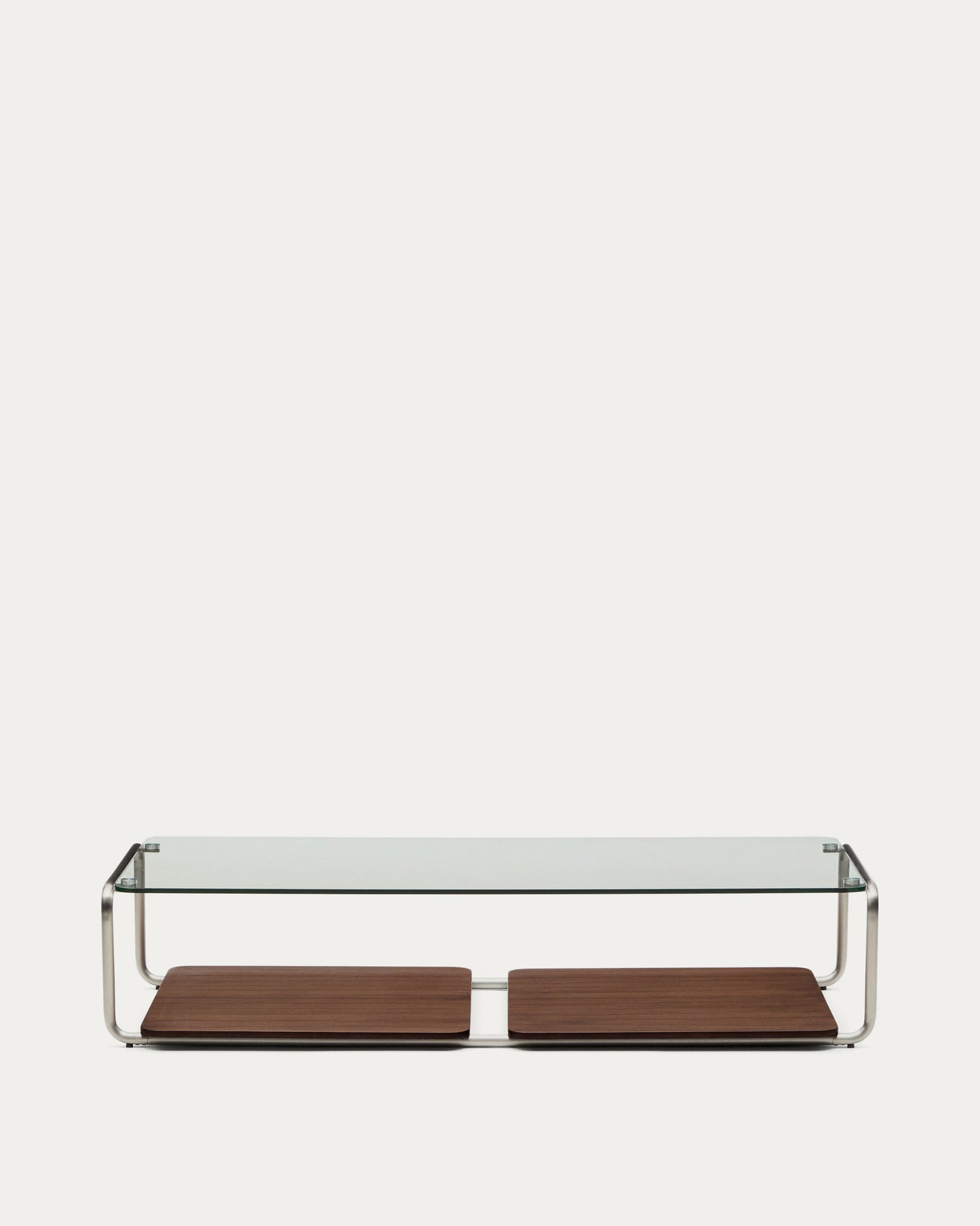 Tavolino Tarsel in vetro temperato e vassoio impiallacciato in noce con struttura in acciaio inox spazzolato 140 x 60 cm