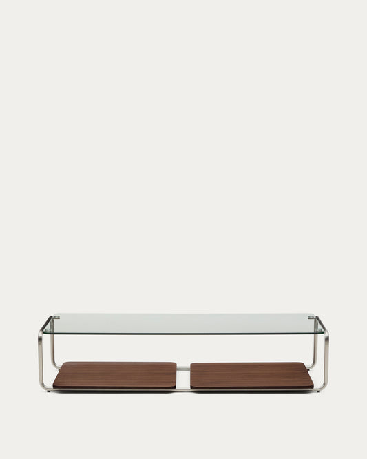 Tavolino Tarsel in vetro temperato e vassoio impiallacciato in noce con struttura in acciaio inox spazzolato 140 x 60 cm