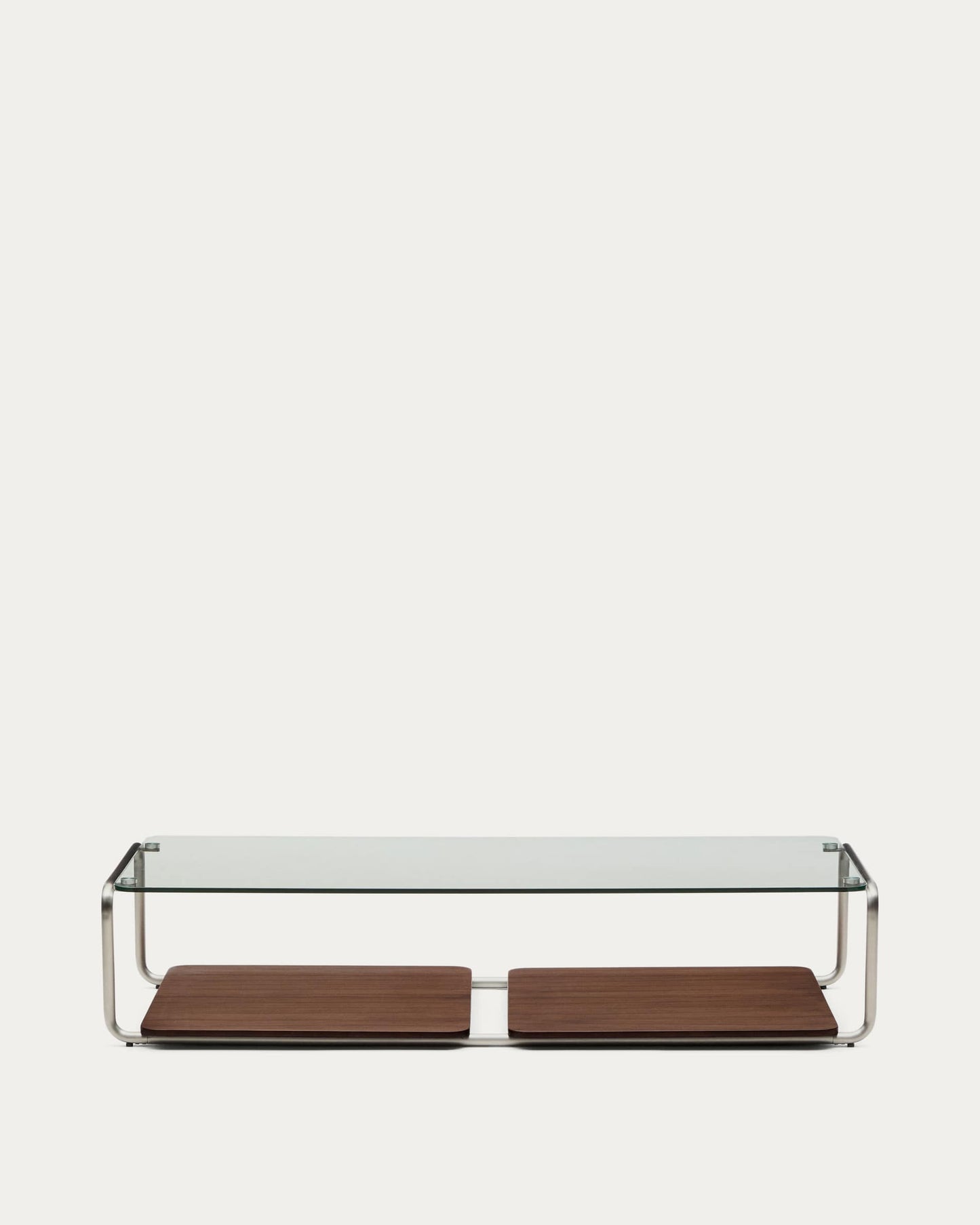 Tavolino Tarsel in vetro temperato e vassoio impiallacciato in noce con struttura in acciaio inox spazzolato 140 x 60 cm