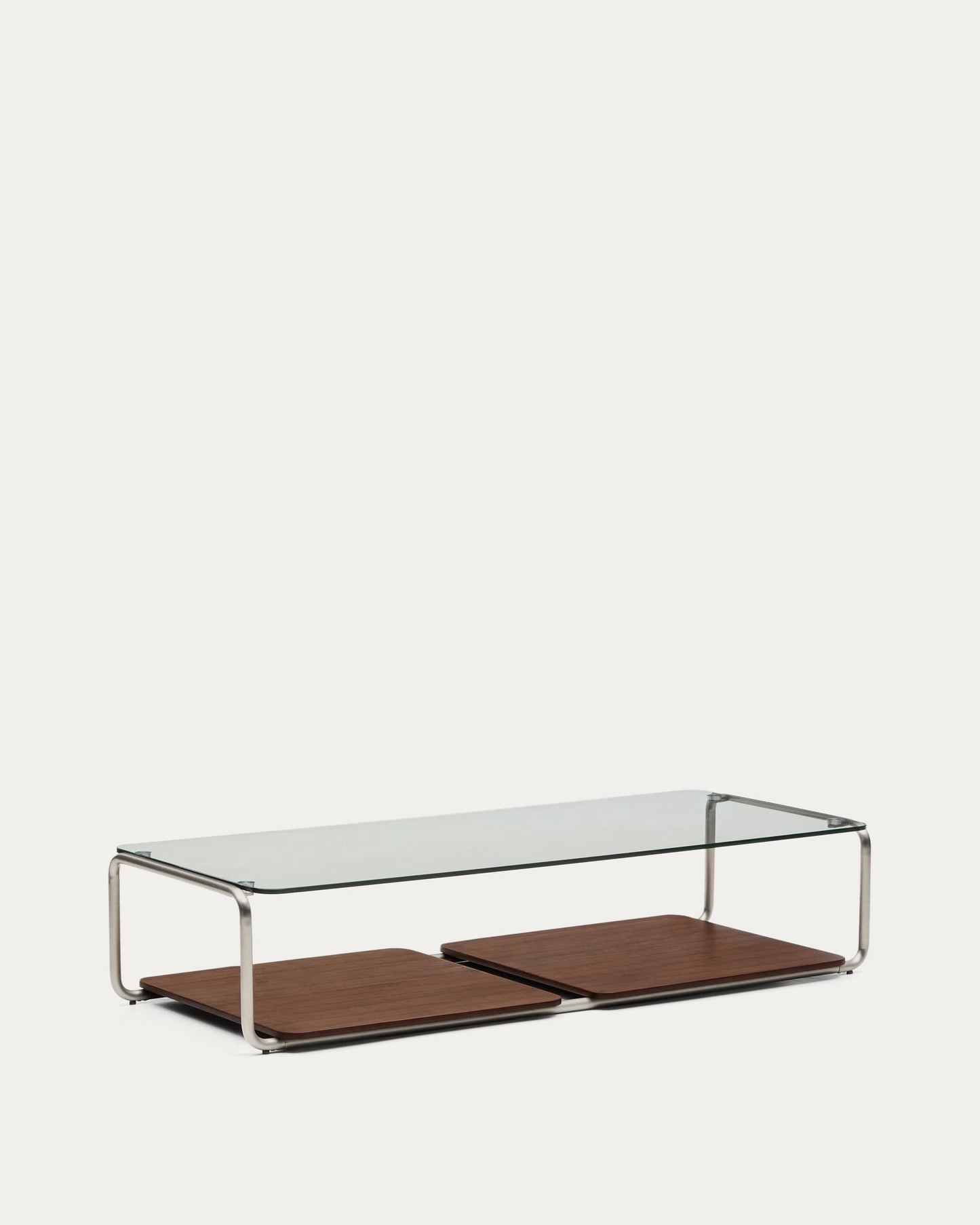 Tavolino Tarsel in vetro temperato e vassoio impiallacciato in noce con struttura in acciaio inox spazzolato 140 x 60 cm
