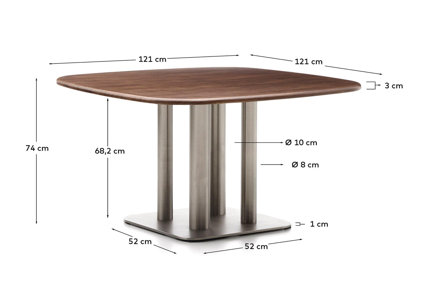 Tavolo Melvar in impiallacciato di noce e gambe con base in acciaio inox spazzolato 121 x 121 cm