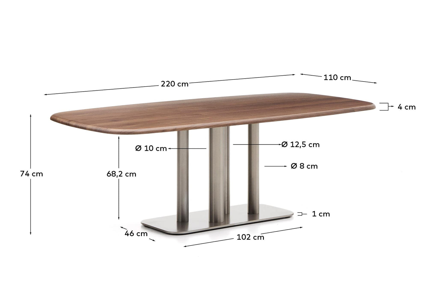 Tavolo Melvar in impiallacciato di noce e gambe con base in acciaio inox spazzolato 220 x 110 cm