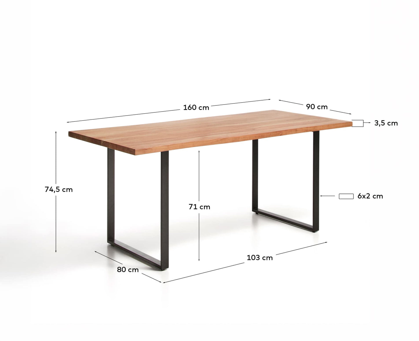 Tavolo Uxue in legno massiccio di acacia e gambe in acciaio nero