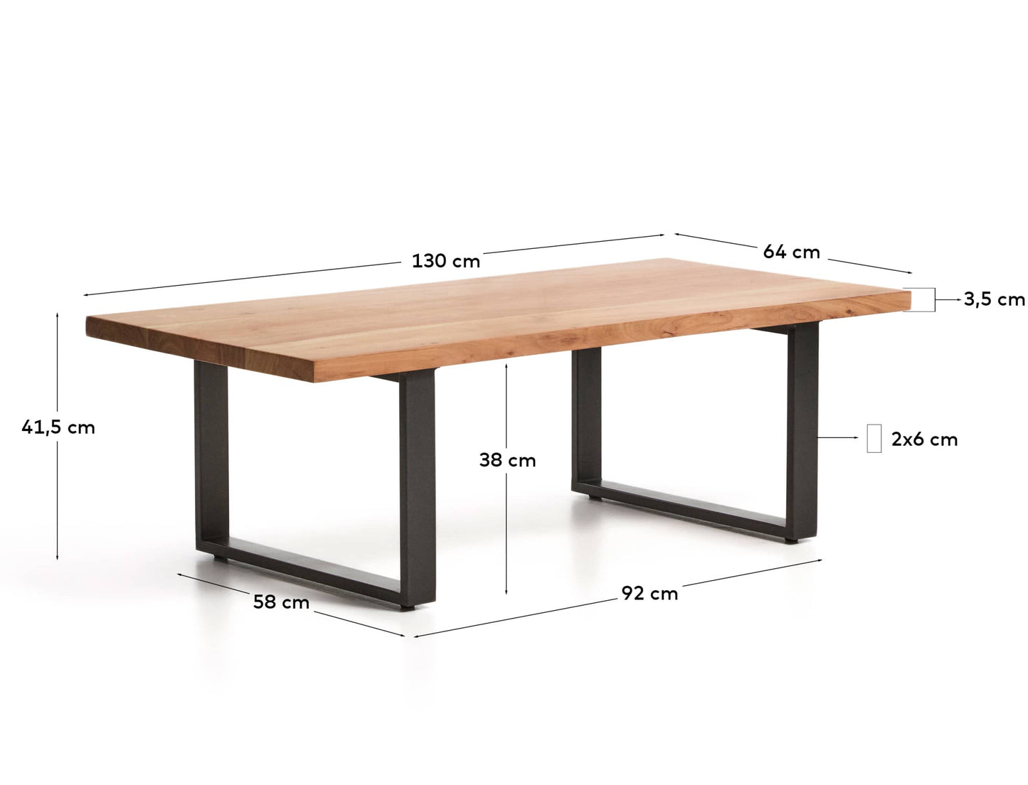Tavolino Uxue in legno massiccio di acacia e gambe in acciaio nero 130 x 64 cm