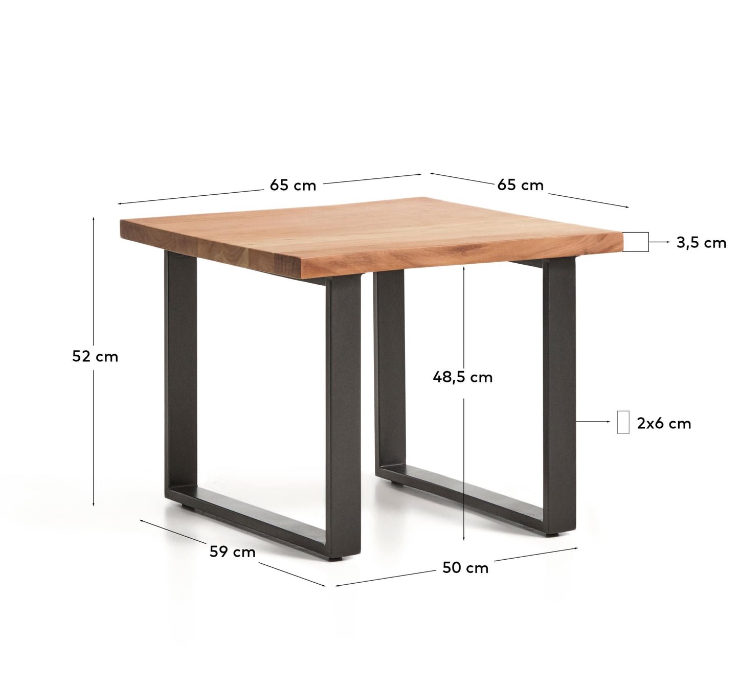 Tavolino da appoggio Uxue in legno massiccio di acacia e gambe in acciaio nero 65 x 65 cm