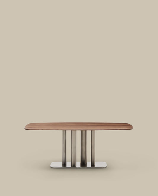 Tavolo Melvar in impiallacciato di noce e gambe con base in acciaio inox spazzolato 180 x 100 cm