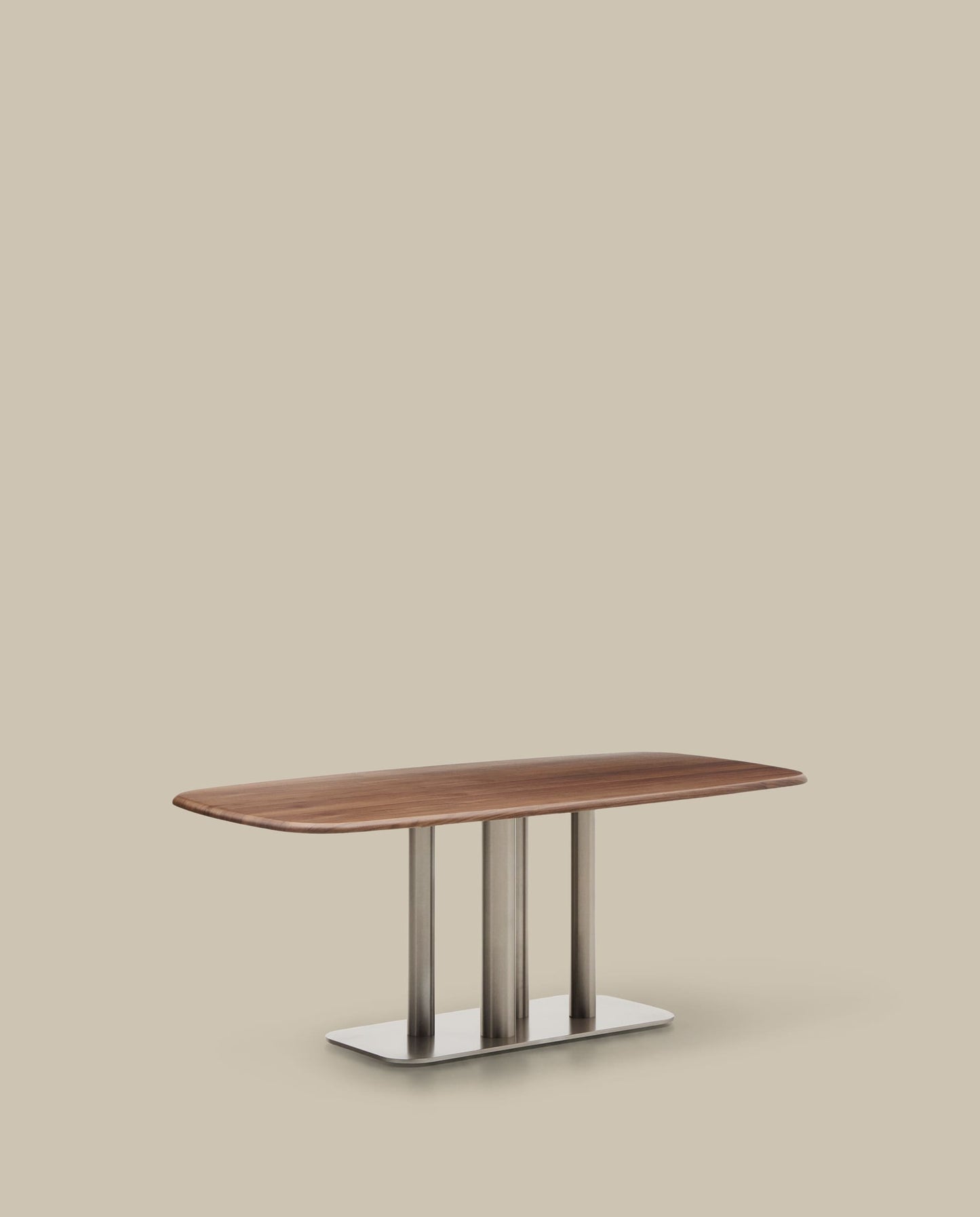 Tavolo Melvar in impiallacciato di noce e gambe con base in acciaio inox spazzolato 180 x 100 cm
