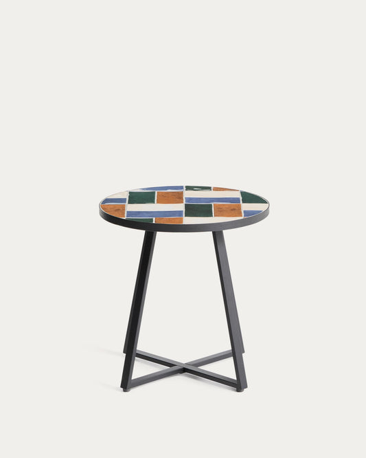Tavolino rotondo Tella in acciaio zincato grafite e piastrelle multicolore Ø 45 cm