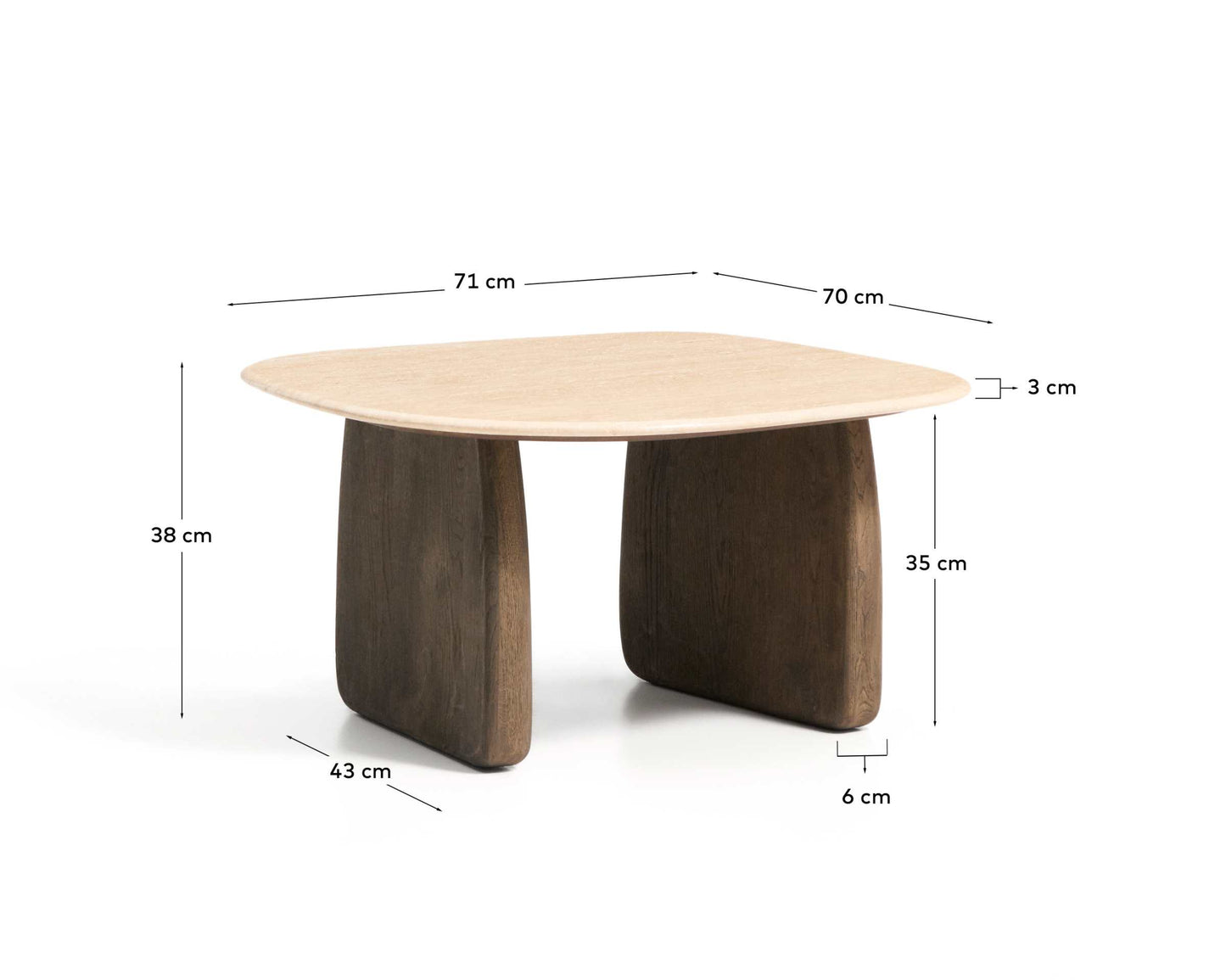 Tavolino da appoggio Pirita in travertino beige e gambe in rovere massiccio con finitura scura 71 x 70 cm FSC 100%