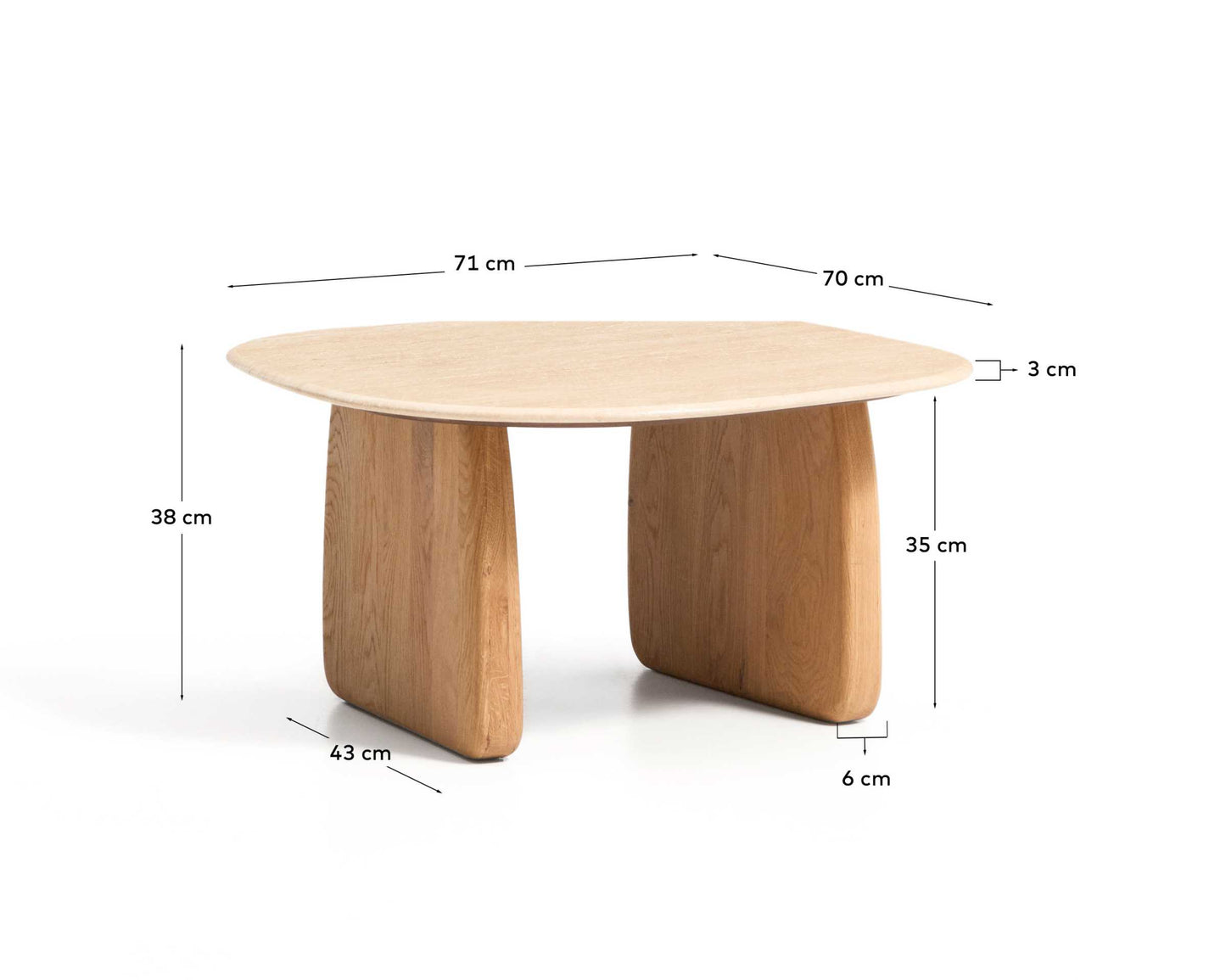 Tavolino da appoggio Pirita in travertino beige e gambe in rovere massiccio con finitura naturale 71 x 70 cm FSC 100%
