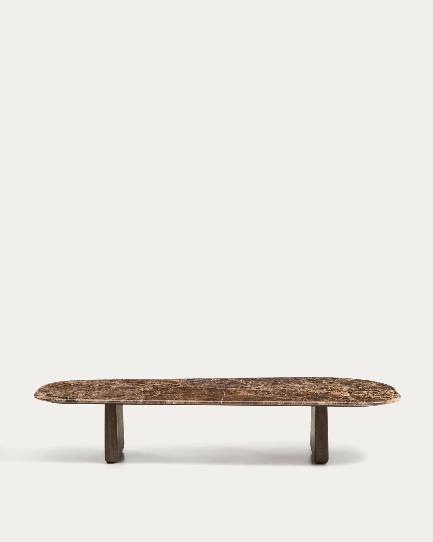 Tavolino da salotto Pirita in marmo marrone e gambe in rovere massiccio con finitura scura 147 x 65 cm FSC 100%