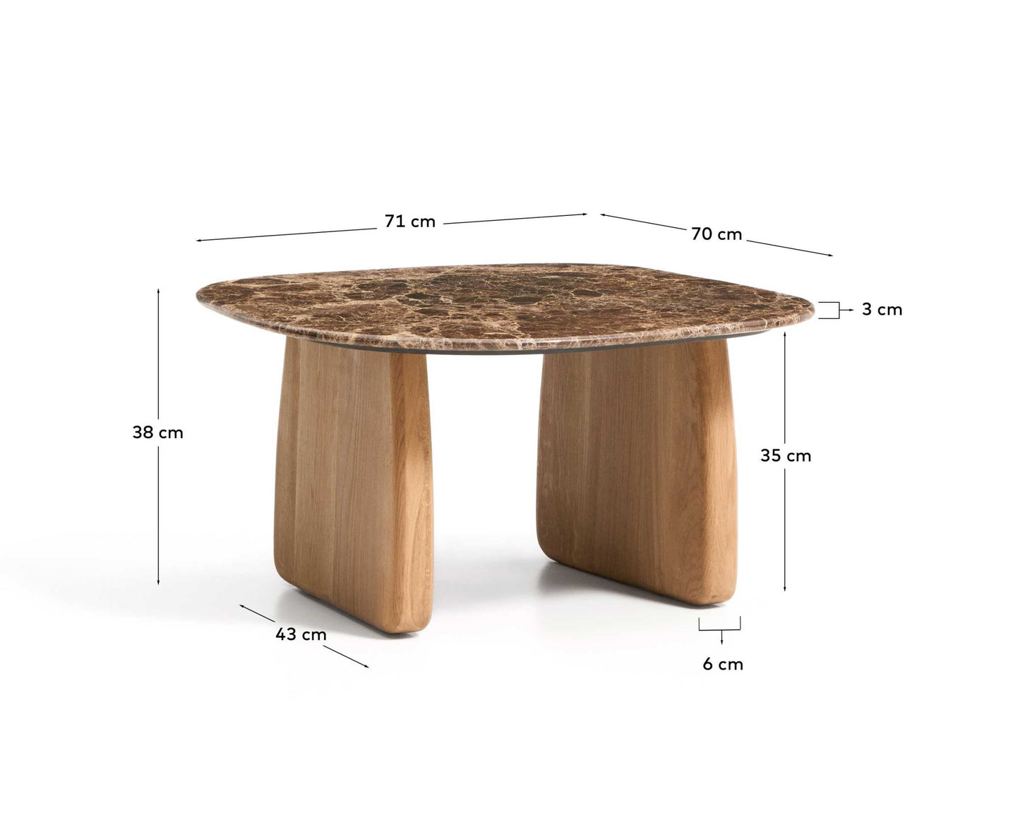 Tavolino da appoggio Pirita in marmo marrone e gambe in rovere massiccio con finitura in tonalità naturale 71 x 70 cm FSC 100%