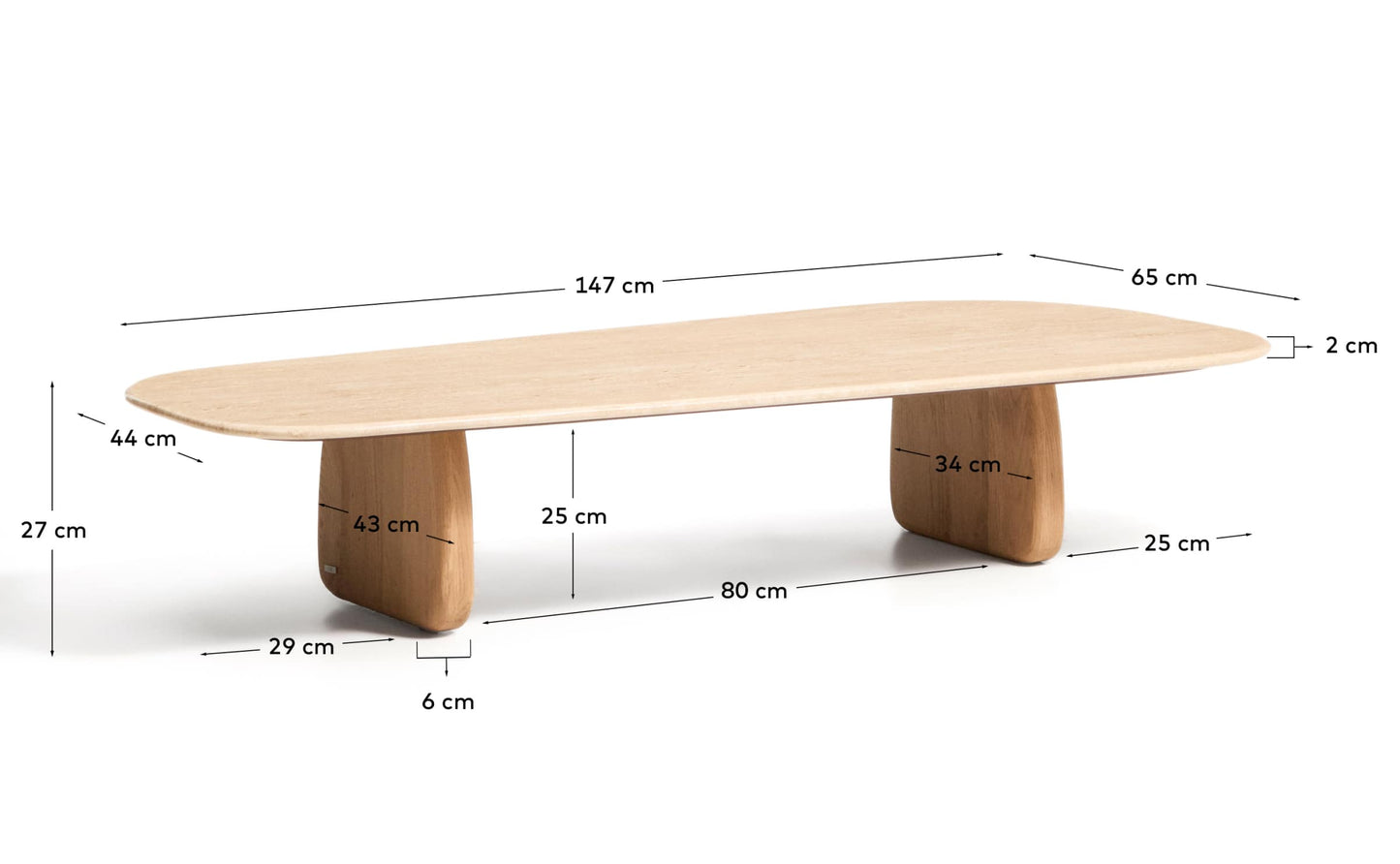 Tavolino da salotto Pirita in travertino beige e gambe in rovere massiccio con finitura naturale 147 x 65 cm FSC 100%