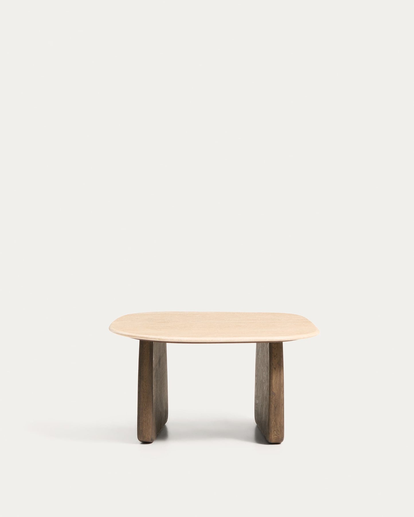 Tavolino da appoggio Pirita in travertino beige e gambe in rovere massiccio con finitura scura 71 x 70 cm FSC 100%