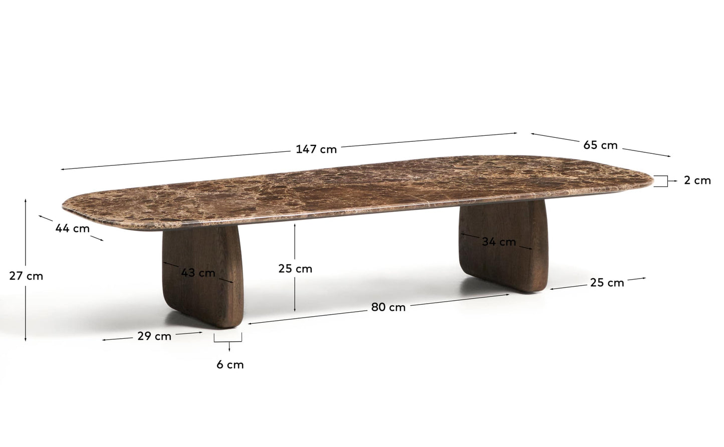 Tavolino da salotto Pirita in marmo marrone e gambe in rovere massiccio con finitura scura 147 x 65 cm FSC 100%