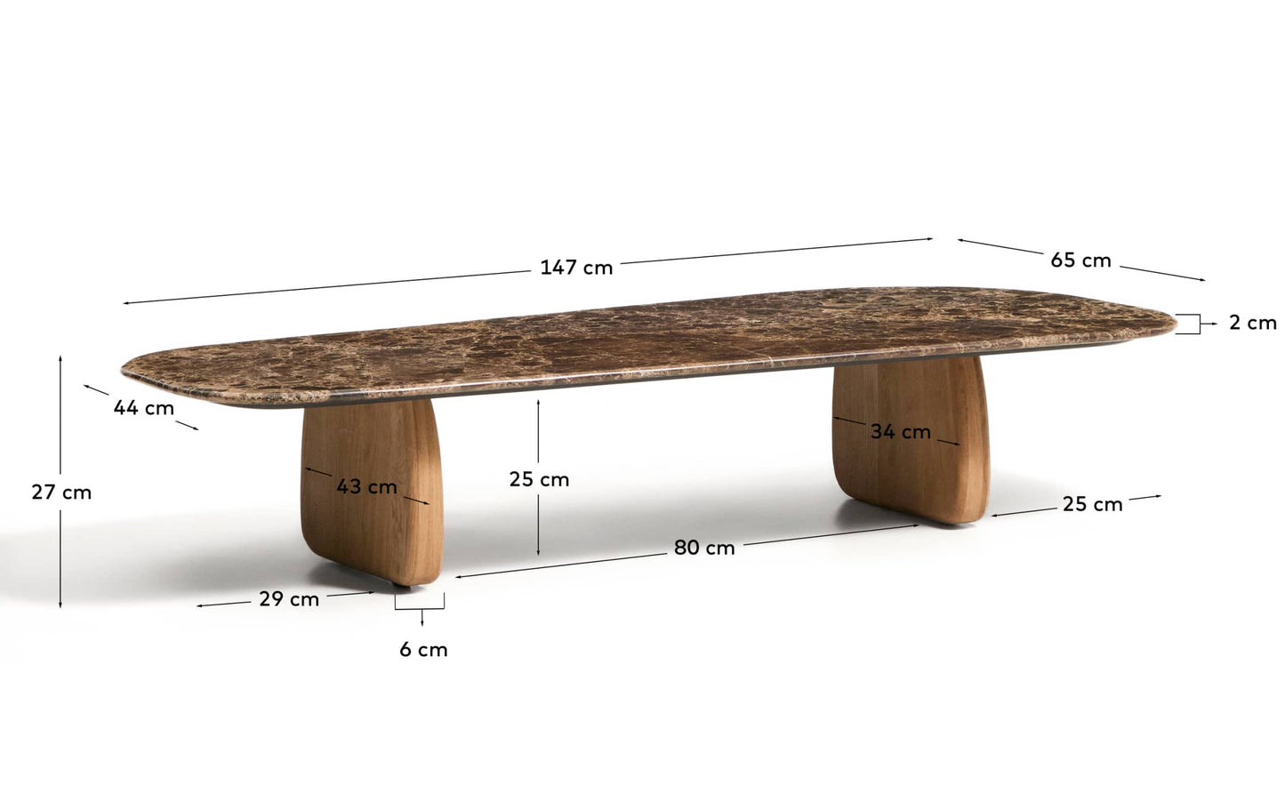 Tavolino da salotto Pirita in marmo marrone e gambe in rovere massiccio con finitura naturale 147 x 65 cm FSC 100%