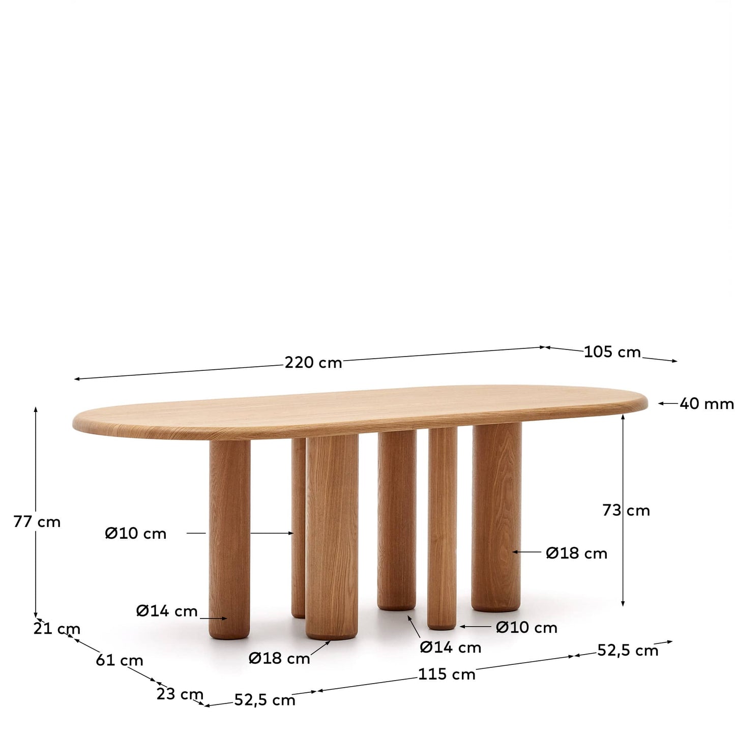 Tavolo ovale Mailen in frassino con finitura naturale Ø 220 x 105 cm
