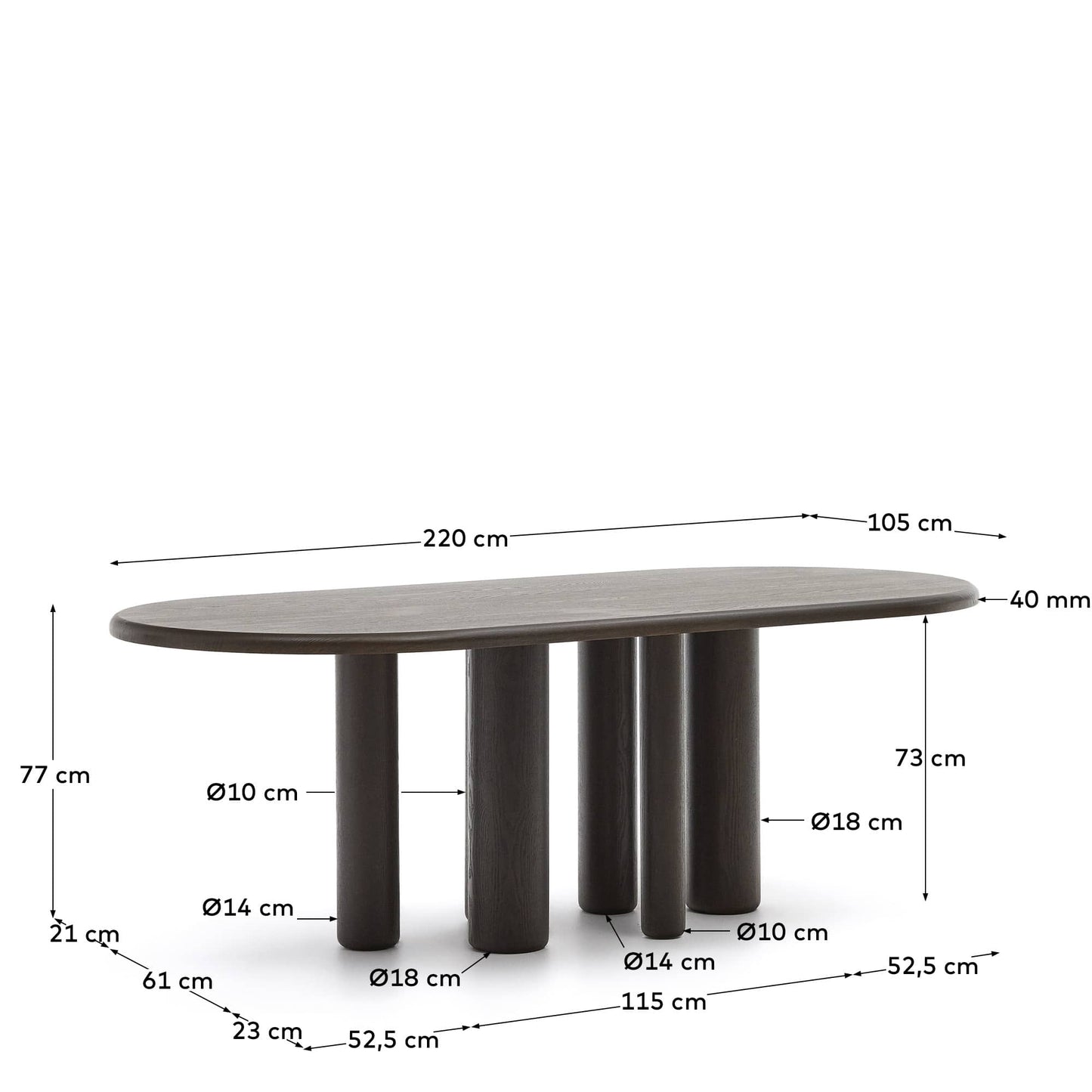 Tavolo ovale Mailen in frassino con finitura scura Ø 220 x 105 cm