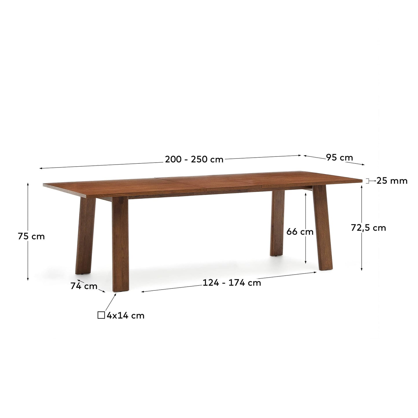 Tavolo allungabile Arlen con impiallacciatura e legno massiccio di rovere con finitura in noce 200 (250) x 95 cm