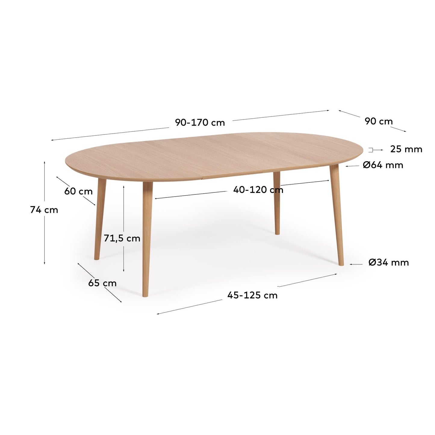 Tavolo rotondo allungabile Oqui MDF impiallacciato rovere e gambe in legno massiccio 90 (170) x 90 cm