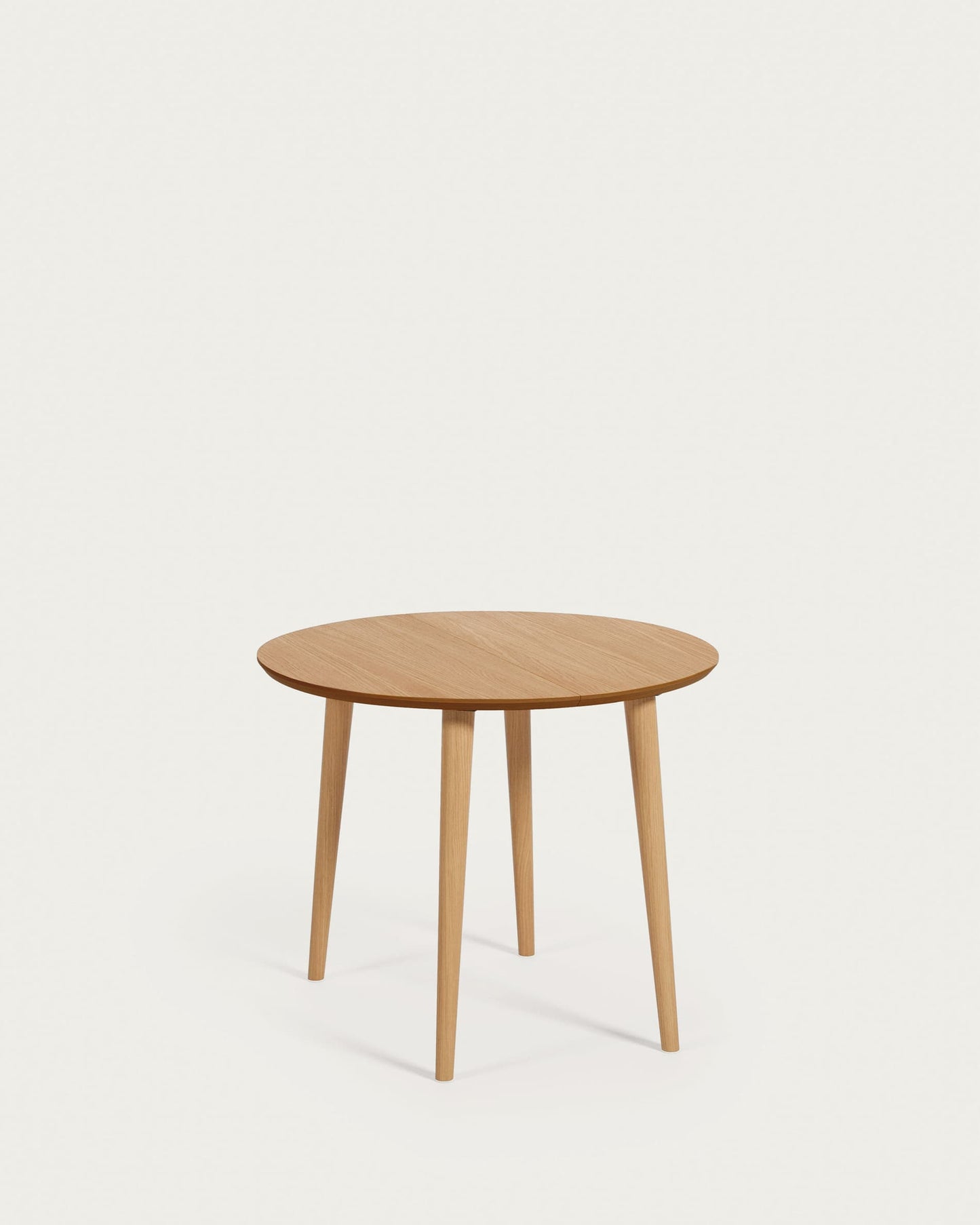 Tavolo rotondo allungabile Oqui MDF impiallacciato rovere e gambe in legno massiccio 90 (170) x 90 cm