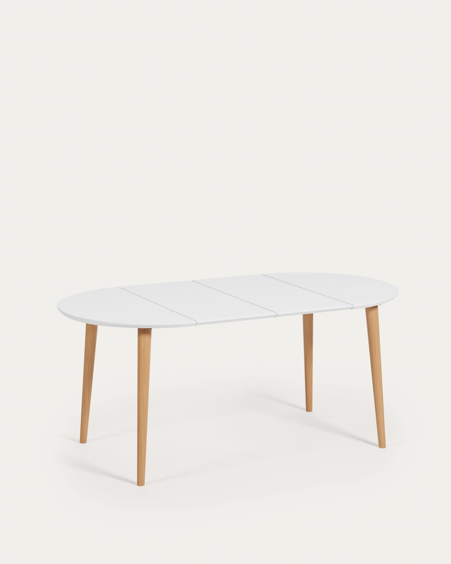 Tavolo rotondo allungabile Oqui MDF laccato bianco e gambe in faggio massiccio 90 (170) x 90 cm