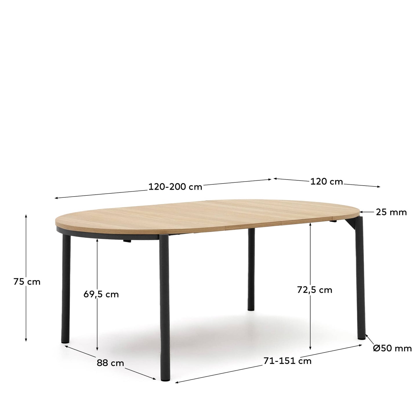 Tavolo rotondo allungabile Montuiri impiallacciatura di rovere e gambe d'acciaio finitura in nero Ø 120 (200) cm