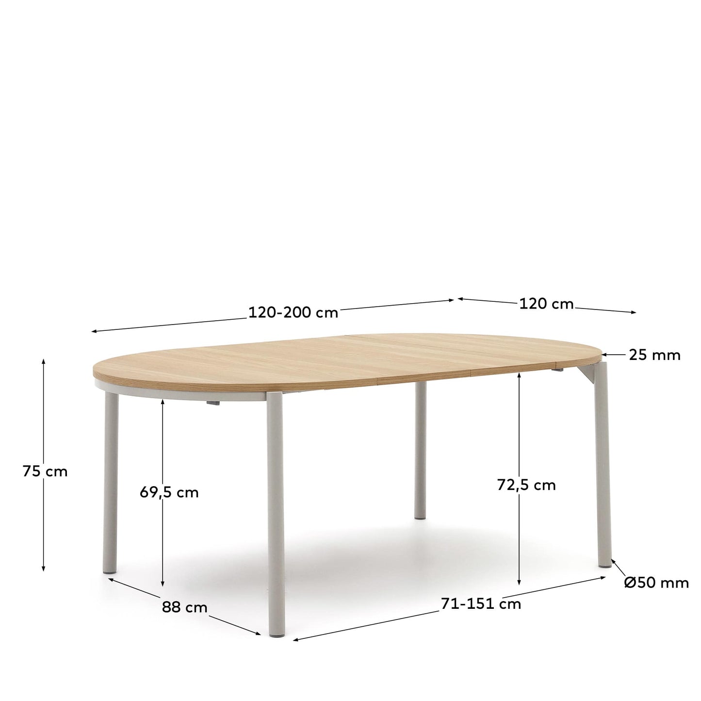 Tavolo rotondo allungabile Montuiri impiallacciatura di rovere e gambe d'acciaio finitura in grigio Ø 120 (200) cm