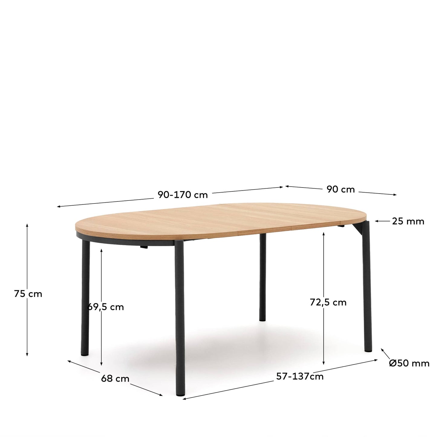 Tavolo tondo allungabile Montuiri con impiallacciatura in rovere e gambe in acciaio con finitura in nero Ø90(170) cm